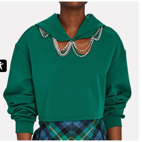 AREA Cropped Crystal Embellished Hooded Sweatshirt top shirt green medium - Picture 1 of 7